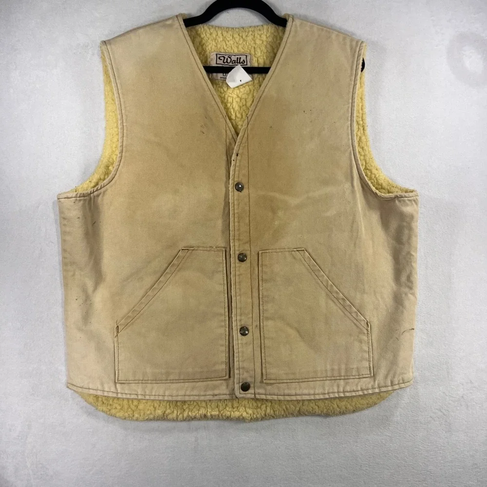 Walls Blizzard-Pruf Mens Tan Canvas Sherpa Lined Workwear Vest USA‎ Made L 90s